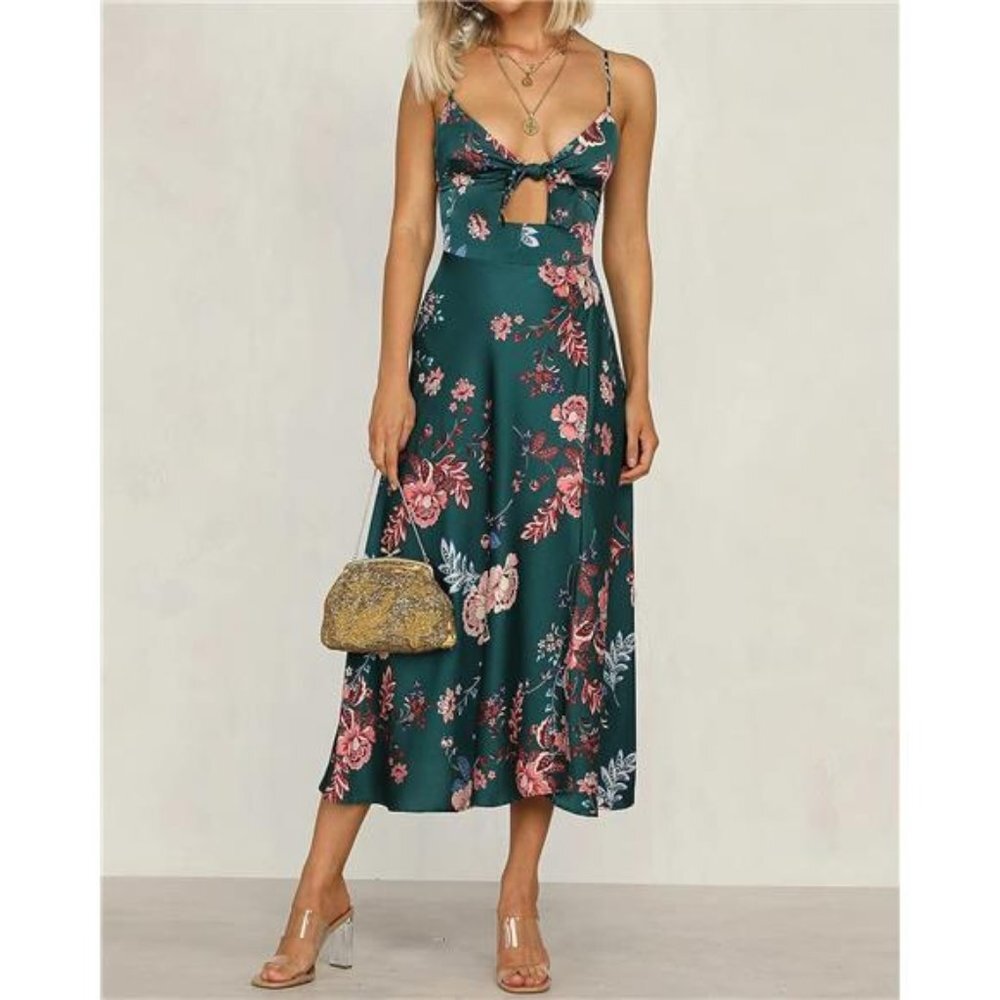 Dark Green Floral Print Satin Tie Front Cami A-Line Dress Flowy Midi Party Dress